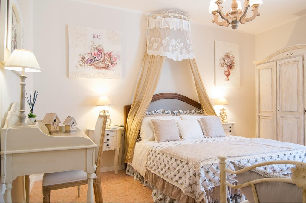 Canvas prints featuring floral images add delicacy and softness to the walls of this shabby chic room.